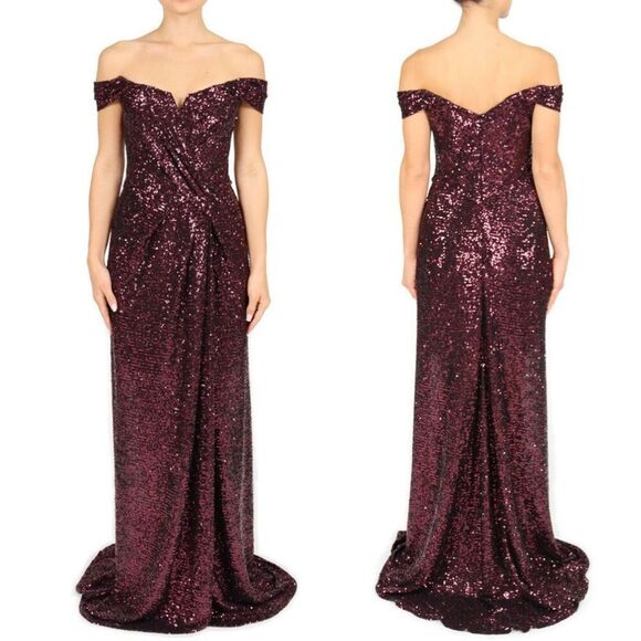 Rene Ruiz Dresses & Skirts - Rene Ruiz Gown Burgundy‎ Off the Shoulder Sequin Cocktail Formal Maxi Dress Sz 4